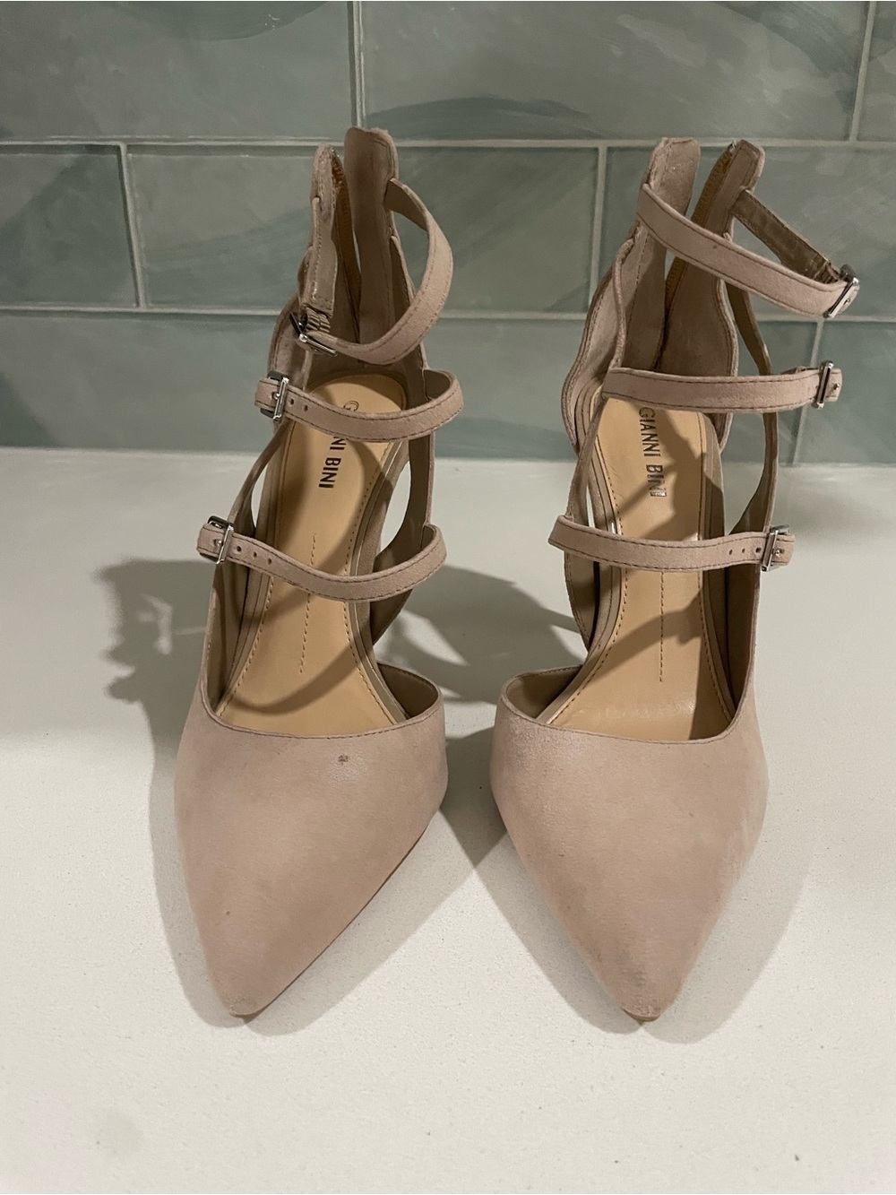 Gianni Bini Women's Pointed Triple-Strap Heels in Nude Blush